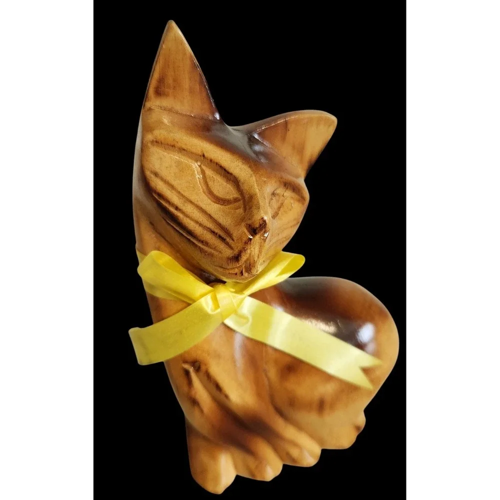 Vintage Mid‎ Century Two-tone Hand-carved Wooden Siamese Cat Figurine Statue MCM